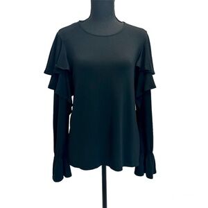 Halston black long sleeve ruffle frill blouse top Sz S NWT